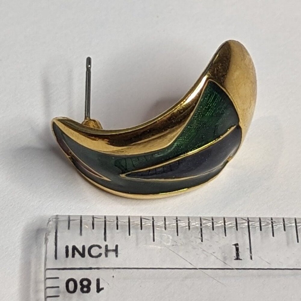 Vintage Golden Tone Metal Enamel Earrings Brooch Set Pin Stud Posts Red Green - Picture 4 of 5
